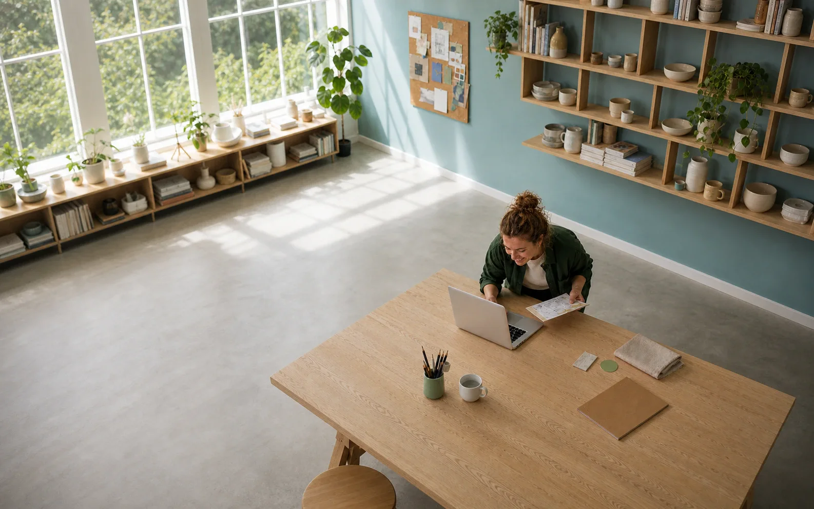 Nederlandse creatieve zelfstandige werkt in haar zonnige studio aan haar laptop